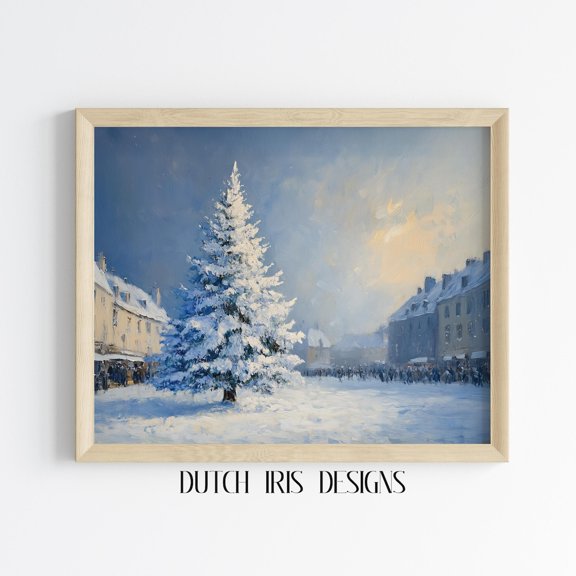 Frost-Covered Tree In Village Square, Vintage Winter, Charmingdecor, Wall Art, December Scene 802 Home Decor #1561, Unframed Poster Size 12x18