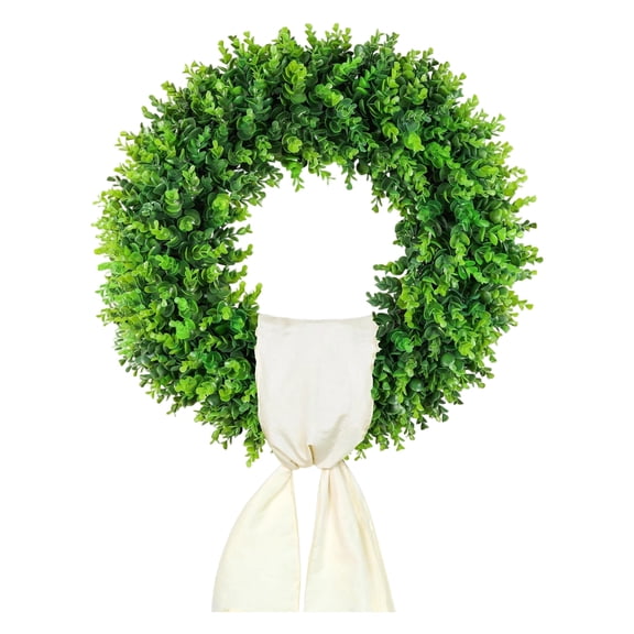 Frost Grass Vine Circle, Artificial Green Plant Wreath with Silk Scarf, Spring Floral Decor for Wall Hanging, Photo Booth, 24 Inch Round Frame, 60CM Foldable Scarf Included