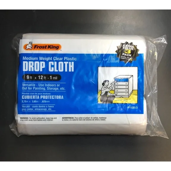 Frost King Drop Cloths 9" X 12" X 1Ml Medium Weight Clear Plastic- 3 Roll Pack**