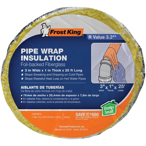 Frost King Foil Backed Fiberglass Pipe Wrap, 3"x1"x25'Pack 2  Residential Use, Standard Application