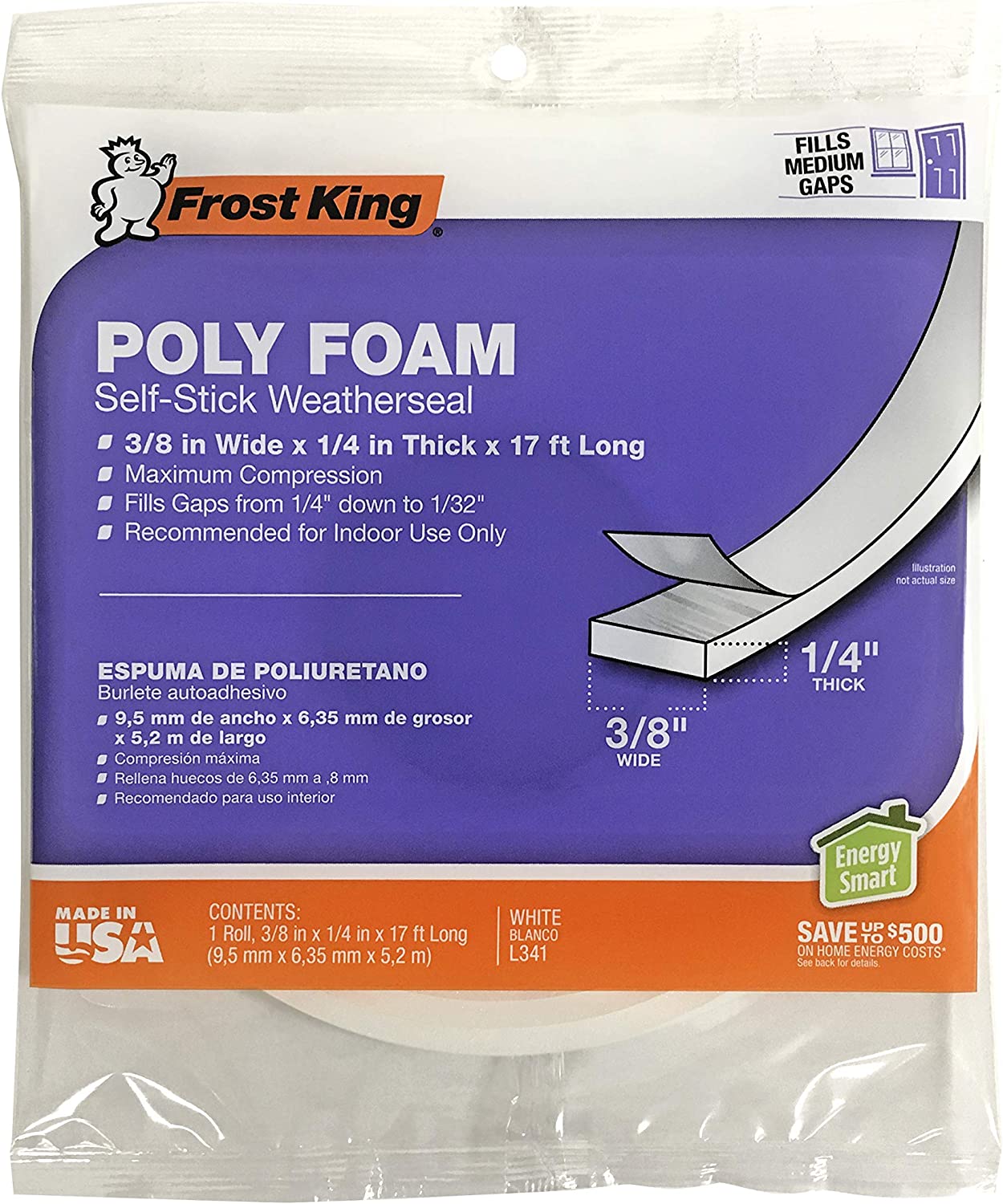 Frost King L341H Polyurethane Foam Tape, 3/8"W, 1/4"T, White