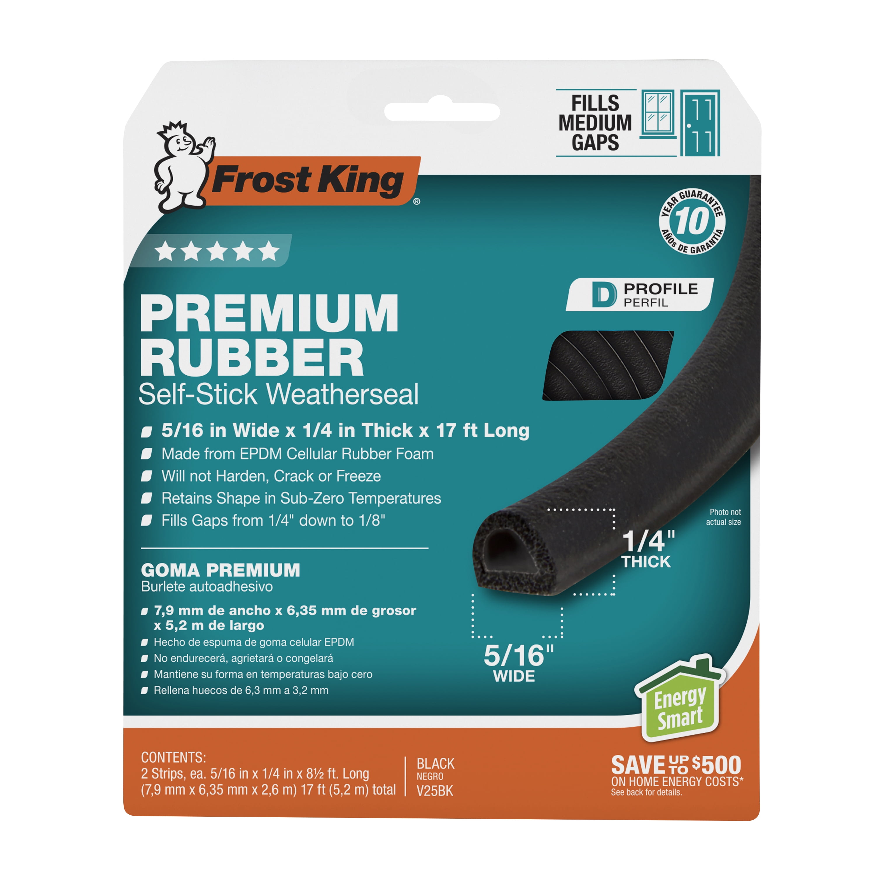 Frost King® V25BK Black EPDM D-Profile Self-Stick Weatherseal, 2 