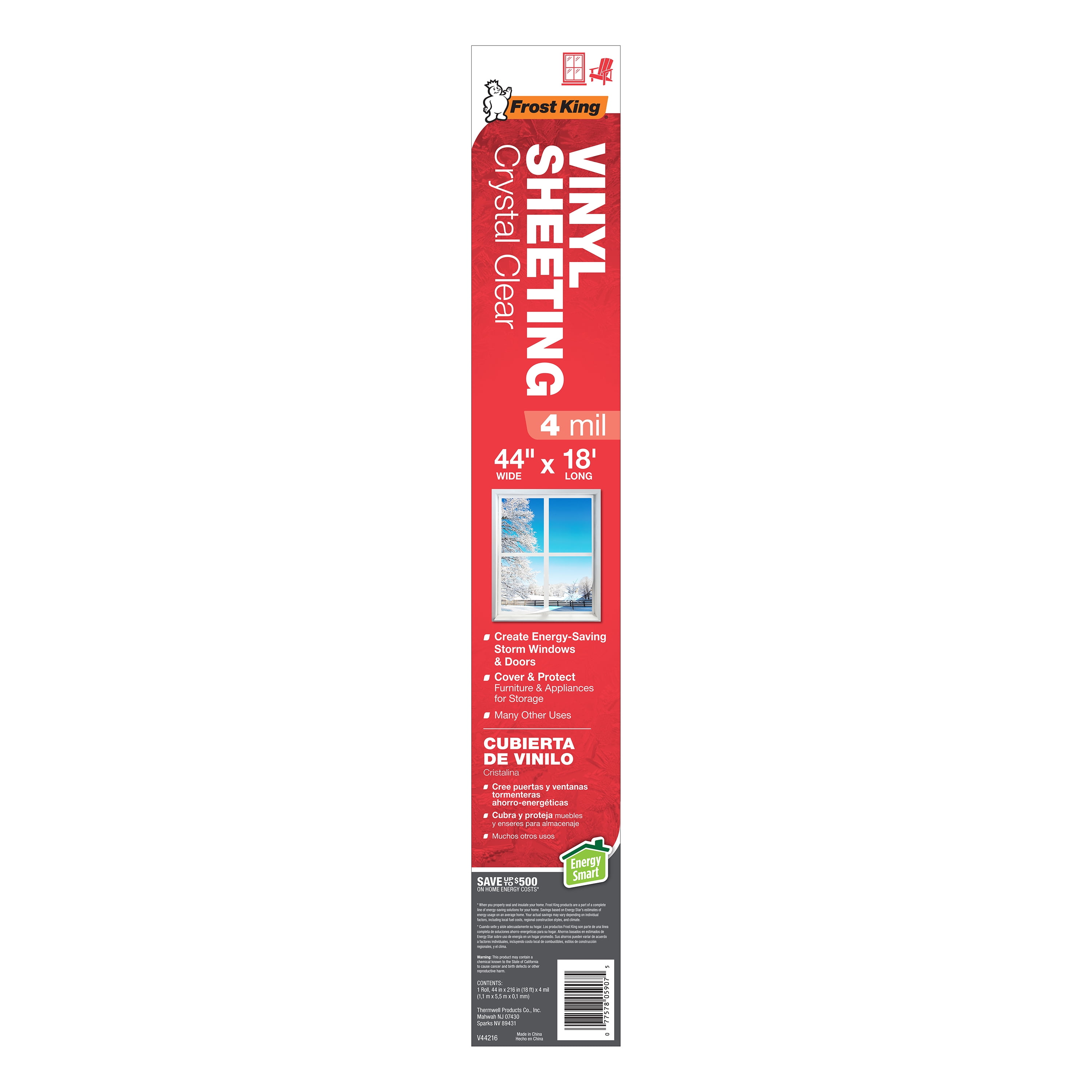 Frost King V44216/6 Crystal Clear Vinyl Sheeting - Packaged Vinyl Rolls, Clear, 44" x 18' x 4mil.