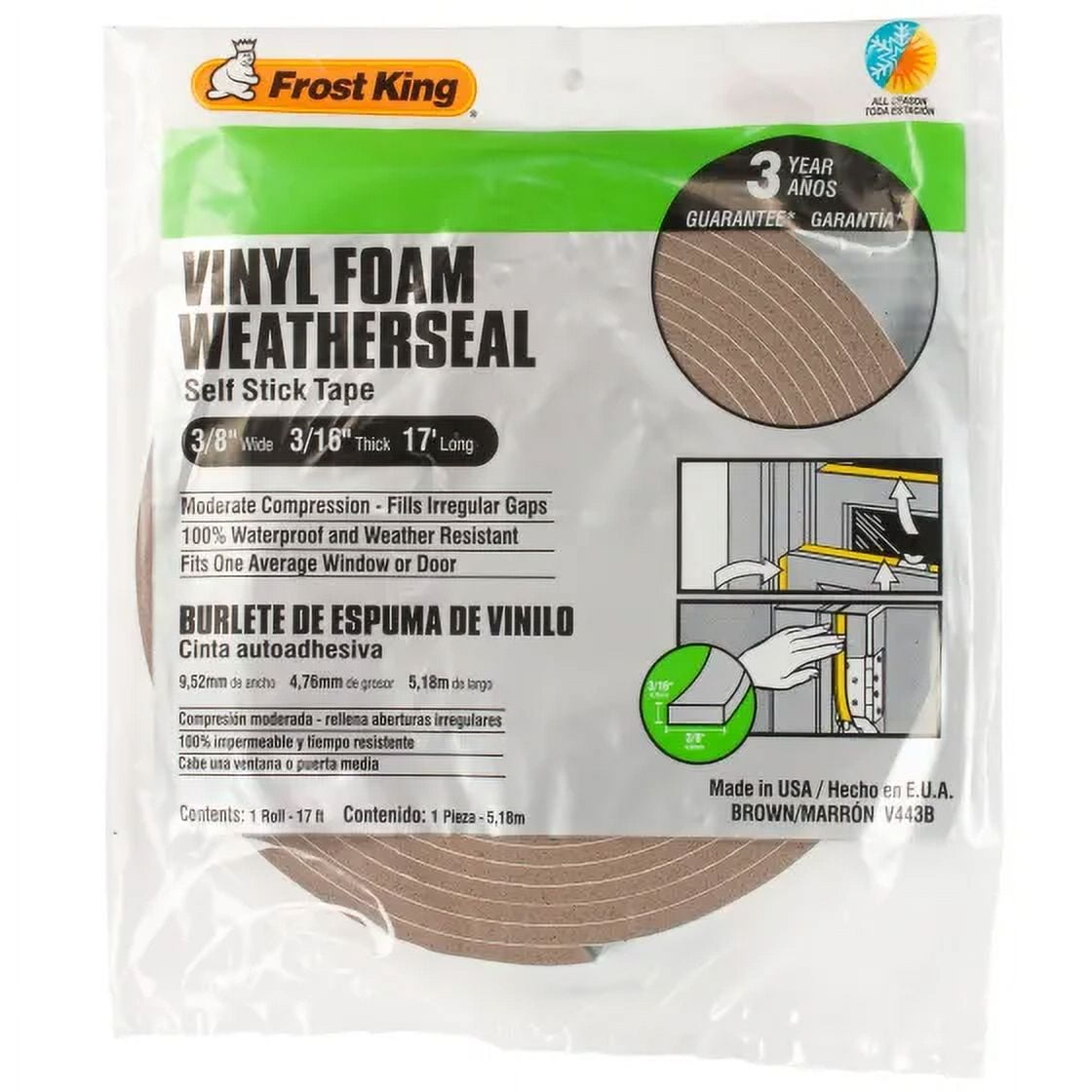 Frost King V443B 3/16 Inch By 17 Foot Brown Vinyl Foam Weather Seal