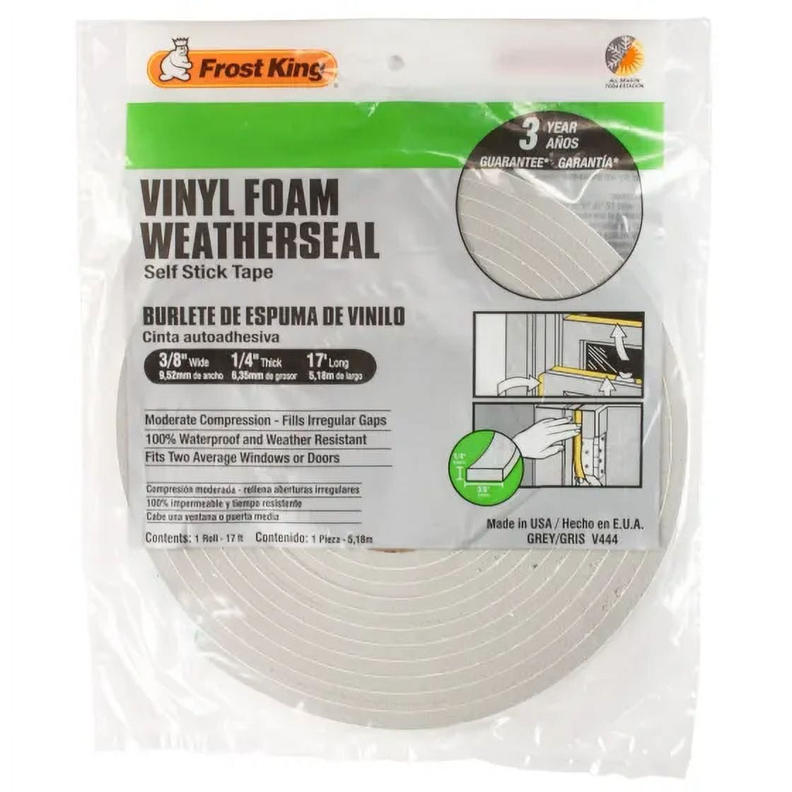 Frost King V444 1/4 Inch By 17 Foot Gray Vinyl Foam Weather Seal With