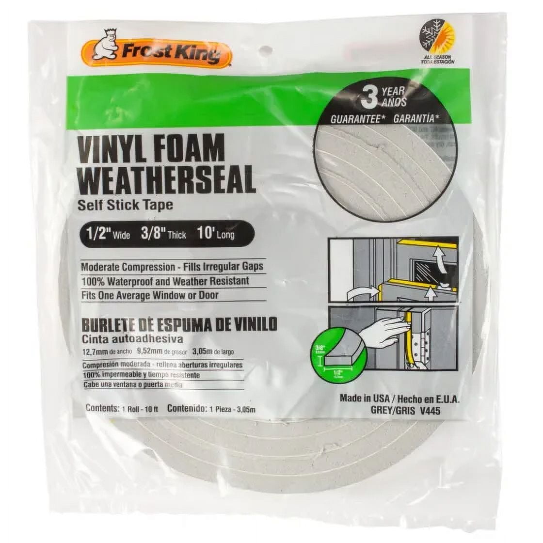 Frost King V445 3/8 Inch By 10 Foot Gray Vinyl Foam Weather Seal With ...