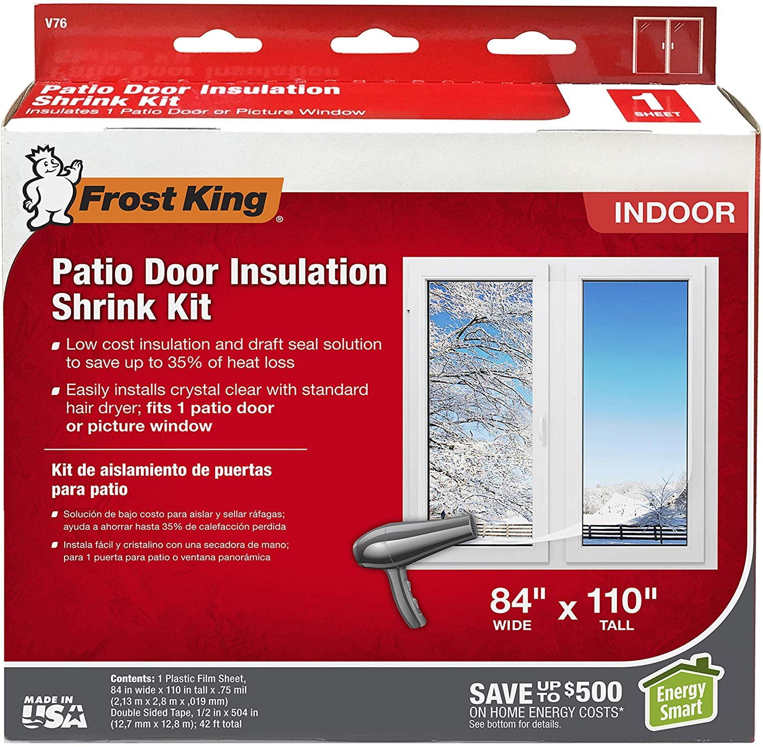 Frost King V76H Indoor Shrink Door Kit, 84in x 110in, Patio Door, Clear