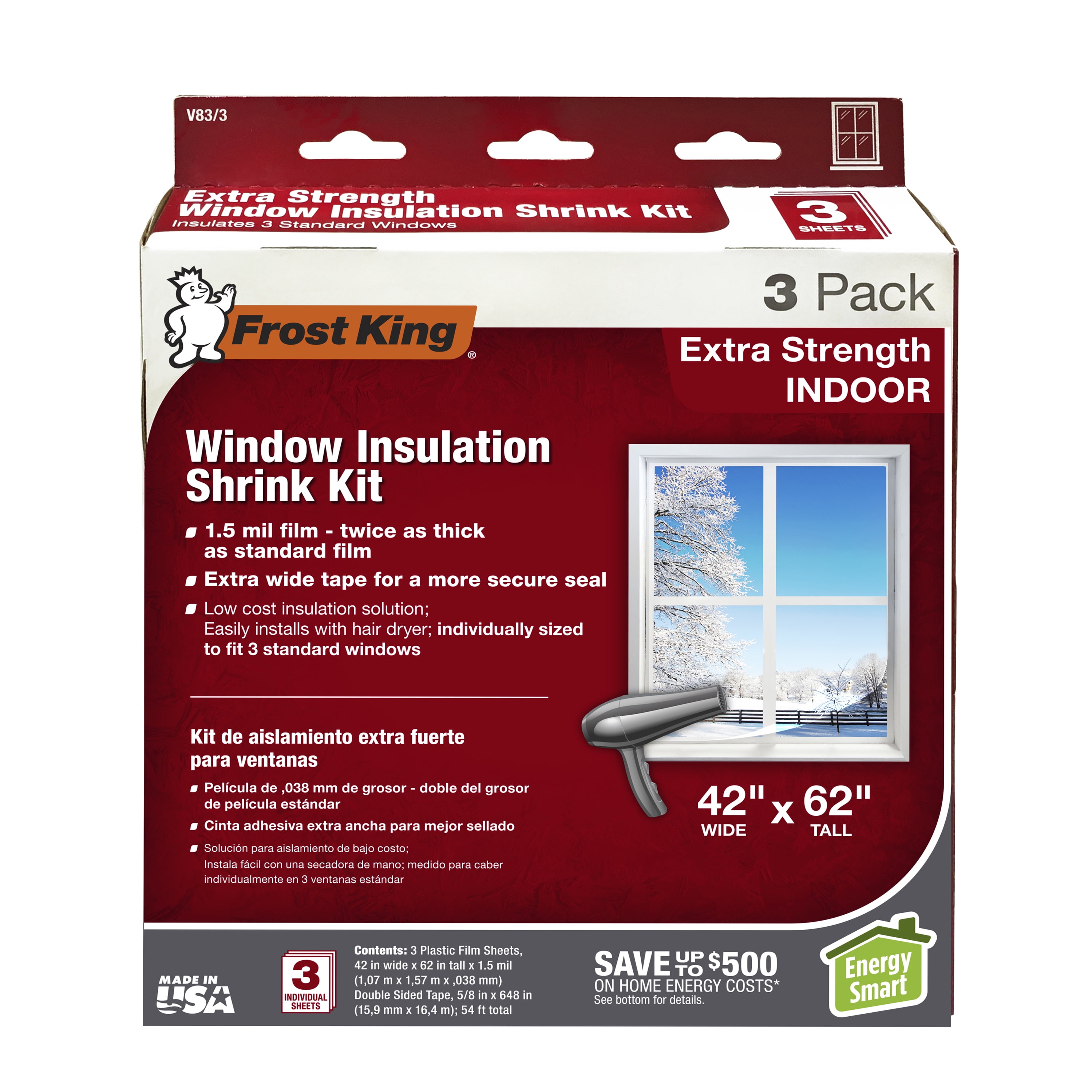 Frost King V83/3 Heavy Duty Plastic Film Shrink Window Kit (3 Pack), 42" x 62"