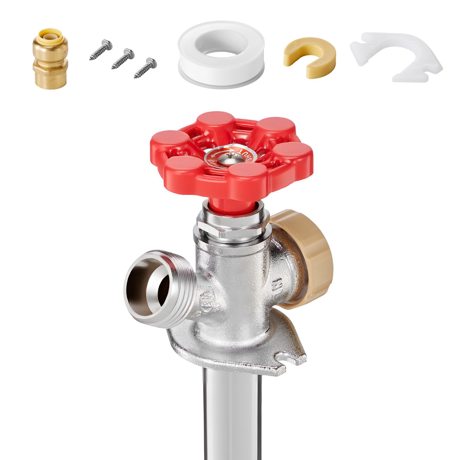 Frost-Proof Yard Sillcock, Anti-Siphon Wall Faucet with 12-Inch Pipe, Push-to-Fit 1/2" Inlet and 3/4" Outlet, Freeze Protection, Cast Iron Handle for Outdoor Water
