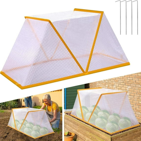 Frost Protection Plant Cover Hood | Foldable PVC Mesh Garden Cloche for Seedlings Vegetables | Durable Yellow-Edged Weather Resistant | 19.2 x 8.6 x 9 in | 1 Cover 4 Spikes