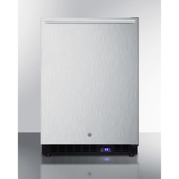 Frost-free built-in undercounter all-freezer for residential use, with factory installed icemaker, stainless steel wrapped exterior, and horizontal handle