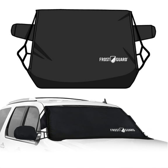 FrostGuard Deluxe Full-Coverage Car Windshield Cover for Ice & Snow, XL Size - Wiper Blade + Side Mirror Coverage - Fit-Fast Straps, Security Panels + Storage Pouch - Black, 41 x 68 inches