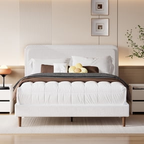Frostbloom Full Size Bed Frame with Boucle Adjustable Headboard, Cloud Style Upholstered Platform Bed, White