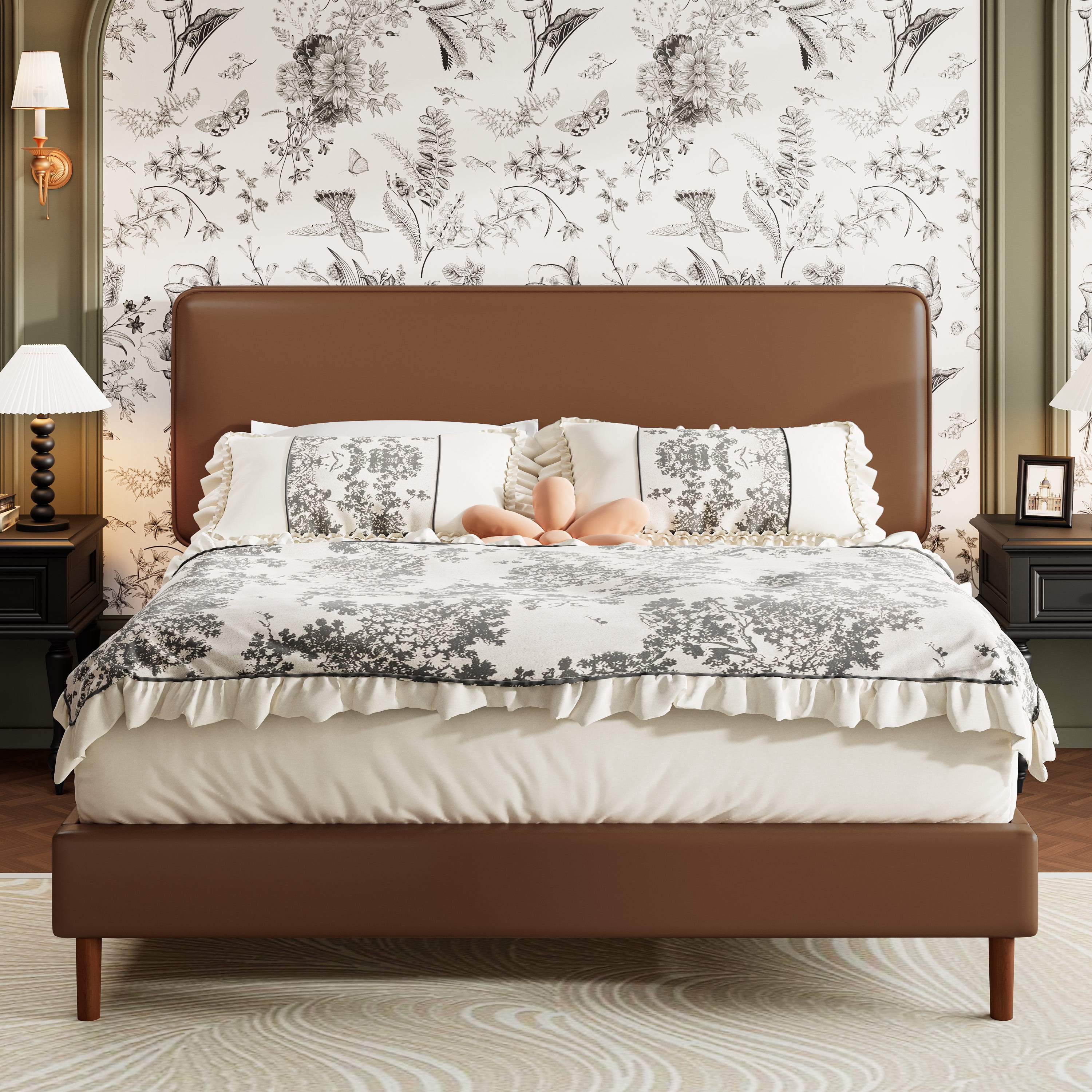 Frostbloom Full Bed Frame, Upholstered Faux Leather Platform Bed with Adjustable Headboard, Dark Brown