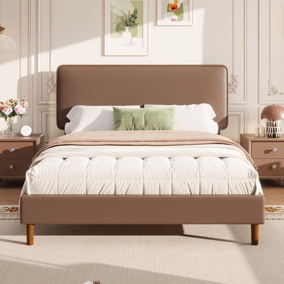 Frostbloom Full Bed Frame, Upholstered Faux Leather Platform Bed with Adjustable Headboard, Dark Brown