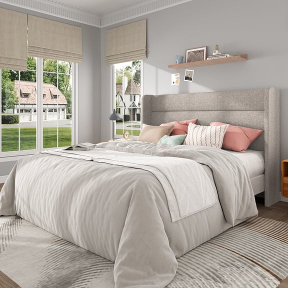 Frostbloom Full Size Linen Upholstered Platform Bed Frame with Wingback Headboard, No Box Spring Needed, Beige