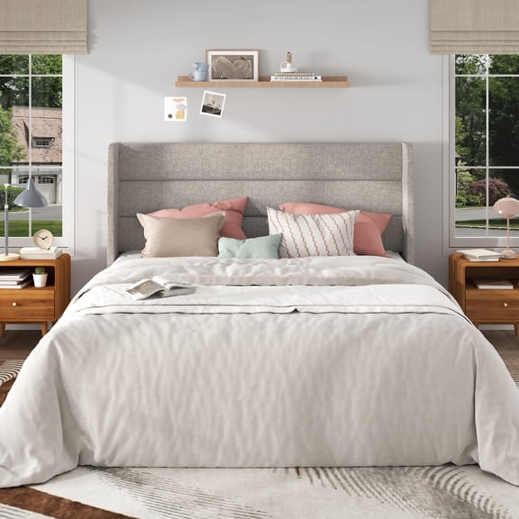Frostbloom Full Size Linen Upholstered Platform Bed Frame with Wingback Headboard, No Box Spring Needed, Beige