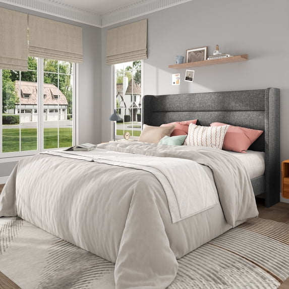 Frostbloom Full Size Linen Upholstered Platform Bed Frame with Wingback Headboard, No Box Spring Needed, Dark Gray