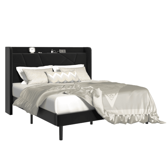 Frostbloom Full Size Velvet Bed Frame with USB & Type-C Charging Ports – Platform Design, Black