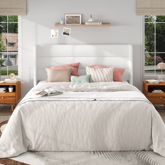 Frostbloom Full Size Velvet Upholstered Platform Bed Frame with Wingback Headboard, No Box Spring Needed, White