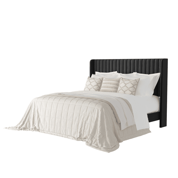 Frostbloom Full Size Black Velvet Bed Frame with Vertical Channel Tufted Wingback Headboard – Platform Design