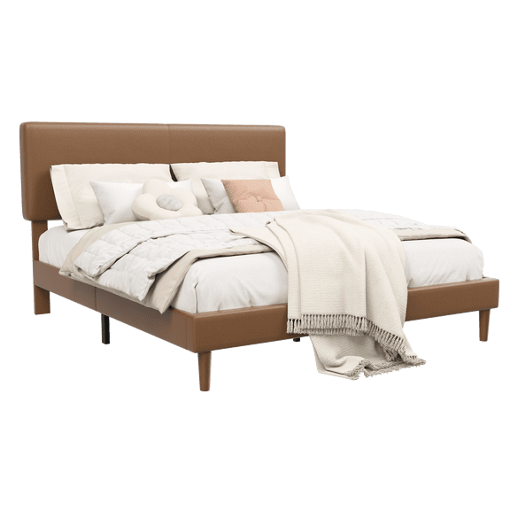 Frostbloom Full Size Faux Leather Upholstered Platform Bed Frame with Adjustable Headboard, Dark Brown