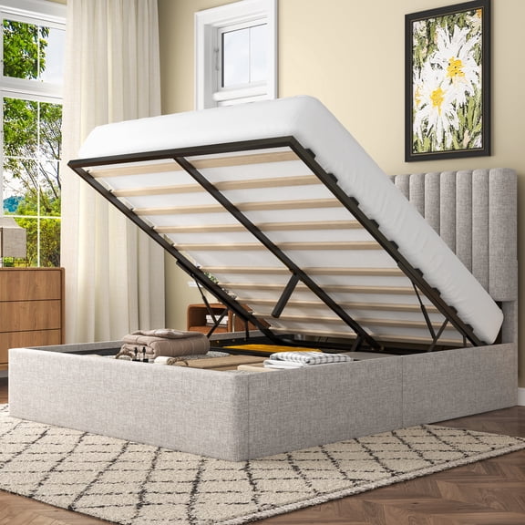 Frostbloom Full Size Lift-Up Storage Platform Bed with Vertical-Stripe Velvet Upholstered Headboard, Beige