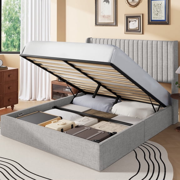 Frostbloom Full Size Linen Fabric Lift Up Storage Bed with Wingback Headboard, Light Gray