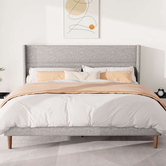Frostbloom Full Size Platform Bed Frame, Linen Upholstered Wingback Headboard, Beige
