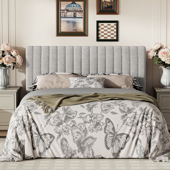 Frostbloom Full Size Platform Bed Frame with Linen Fabric Upholstered Headboard, Gray