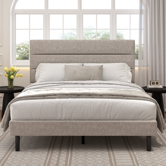 Frostbloom Full Size Platform Bed Frame with Linen Fabric Upholstered Headboard, No Box Spring Needed, Beige
