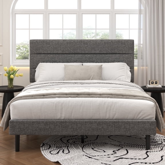 Frostbloom Full Size Platform Bed Frame with Linen Fabric Upholstered Headboard, No Box Spring Needed, Dark Gray