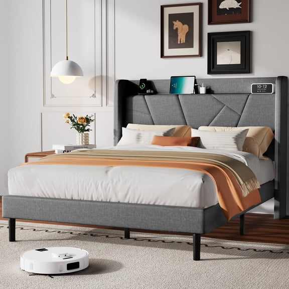 Frostbloom Linen Upholstered Full Platform Bed Frame with Storage Headboard Shelf, USB & Type-C Charging Ports, Dark Gray