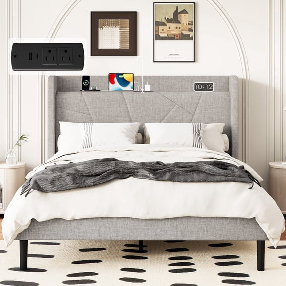 Frostbloom Linen Upholstered Full Platform Bed Frame with Storage Headboard Shelf, USB & Type-C Charging Ports, Light Gray