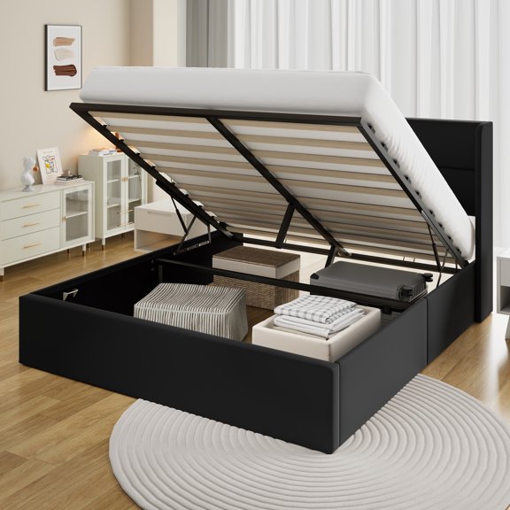 Frostbloom Full Size Platform Bed with 2-Panel Velvet Upholstered Wingback Headboard, Lift Up Storage Frame, Black