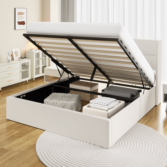 Frostbloom Full Size Platform Bed with 2-Panel Velvet Upholstered Wingback Headboard, Lift Up Storage Frame, Off-White