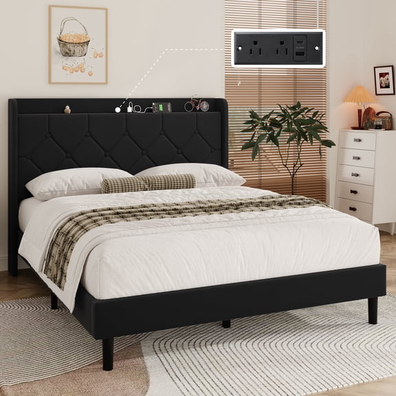 Frostbloom Full Size Velvet Bed Frame with USB & Type-C Charging, Diamond-Tufted Wingback Headboard with Storage, Black