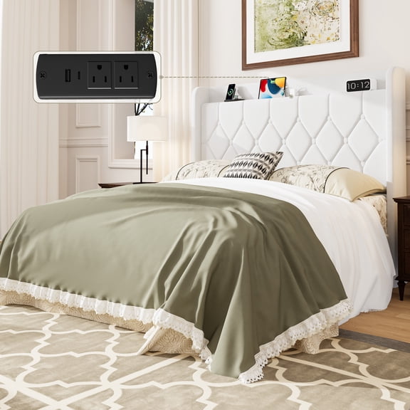 Frostbloom Full Size Velvet Bed Frame with USB & Type-C Charging, Diamond-Tufted Wingback Headboard with Storage, White