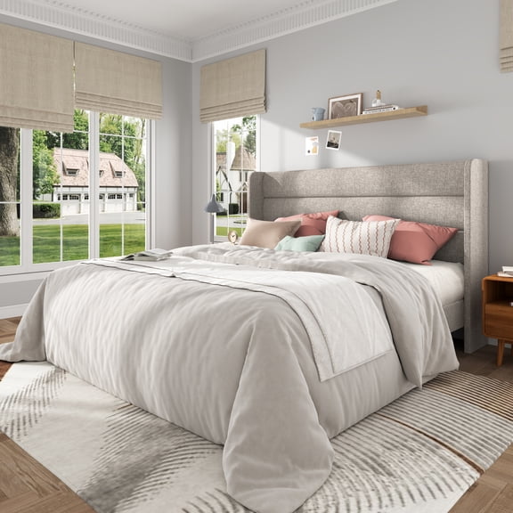 Frostbloom King Size Linen Upholstered Platform Bed Frame with Wingback Headboard, No Box Spring Needed, Beige