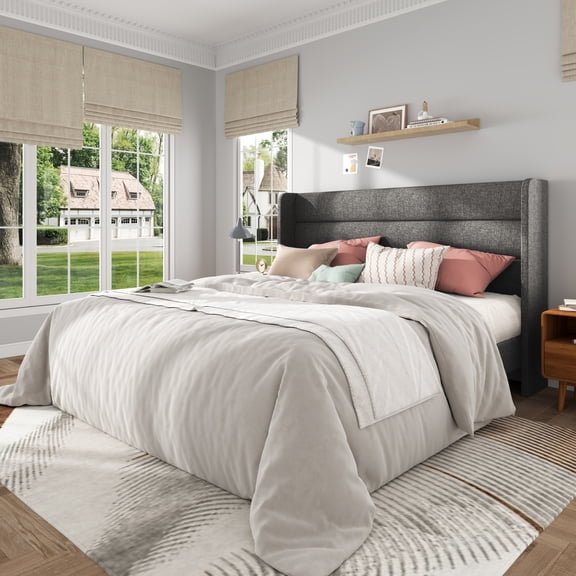 Frostbloom King Bed Frame, Upholstered Platform Bed with Linen Wingback Headboard, No Box Spring Needed, Dark Gray