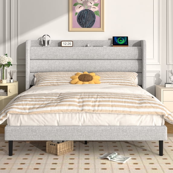 Frostbloom King Bed Frame with USB & Type-C Charging Station and Linen Fabric Wingback Headboard, Light Gray