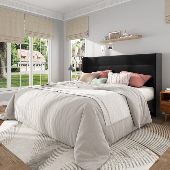 Frostbloom Kingl Size Velvet Upholstered Platform Bed Frame with Wingback Headboard, No Box Spring Needed, Black
