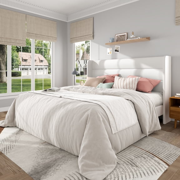 Frostbloom King Size Velvet Upholstered Platform Bed Frame with Wingback Headboard, No Box Spring Needed, White