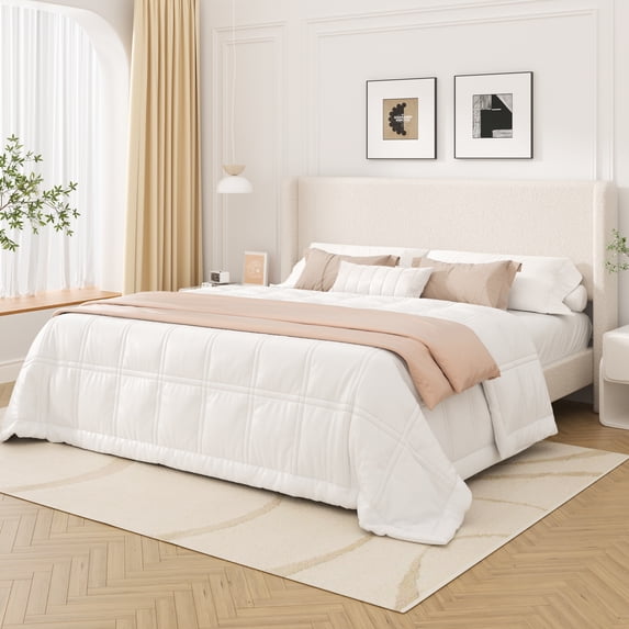 Frostbloom King Size Boucle Upholstered Platform Bed Frame with Wingback Headboard, Beige