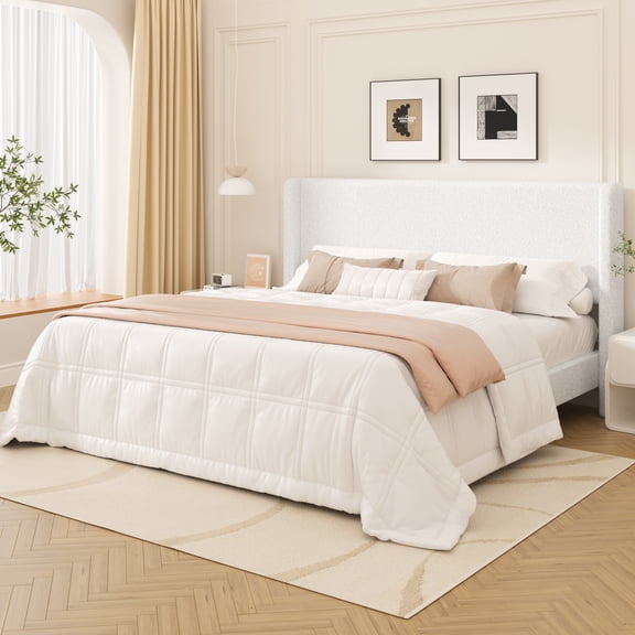 Frostbloom King Size Boucle Upholstered Platform Bed Frame with Wingback Headboard, White