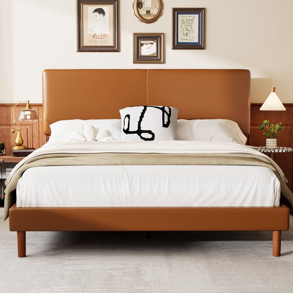 Frostbloom King Size Faux Leather Platform Bed Frame with Adjustable Headboard, Orange Brown