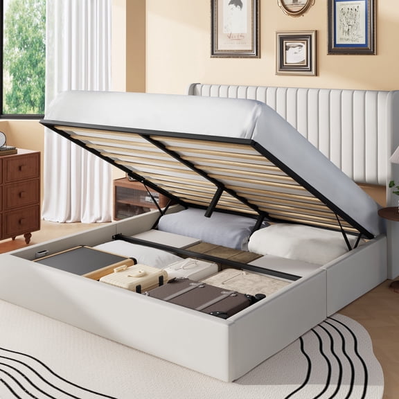 Frostbloom King Size Velvet Lift Up Storage Bed with Wingback Headboard, Off-White