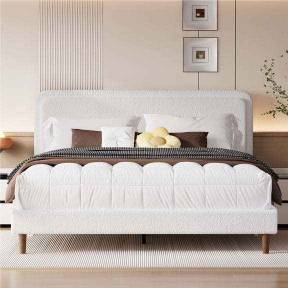 Frostbloom King Bed Frame with Boucle Adjustable Headboard, Cloud Style Upholstered Platform Bed, White