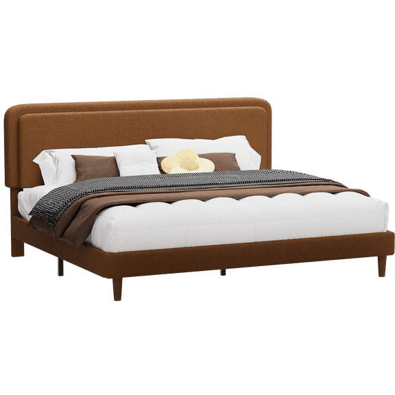 Frostbloom King Size Boucle Upholstered Platform Bed Frame with Cloud Style Adjustable Headboard, Brown