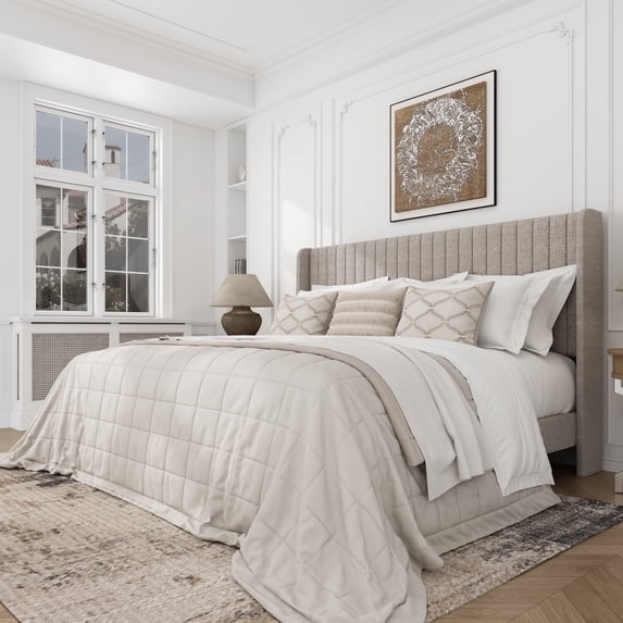 Frostbloom King Size Linen Fabric Upholstered Bed with Wingback Headboard, Beige